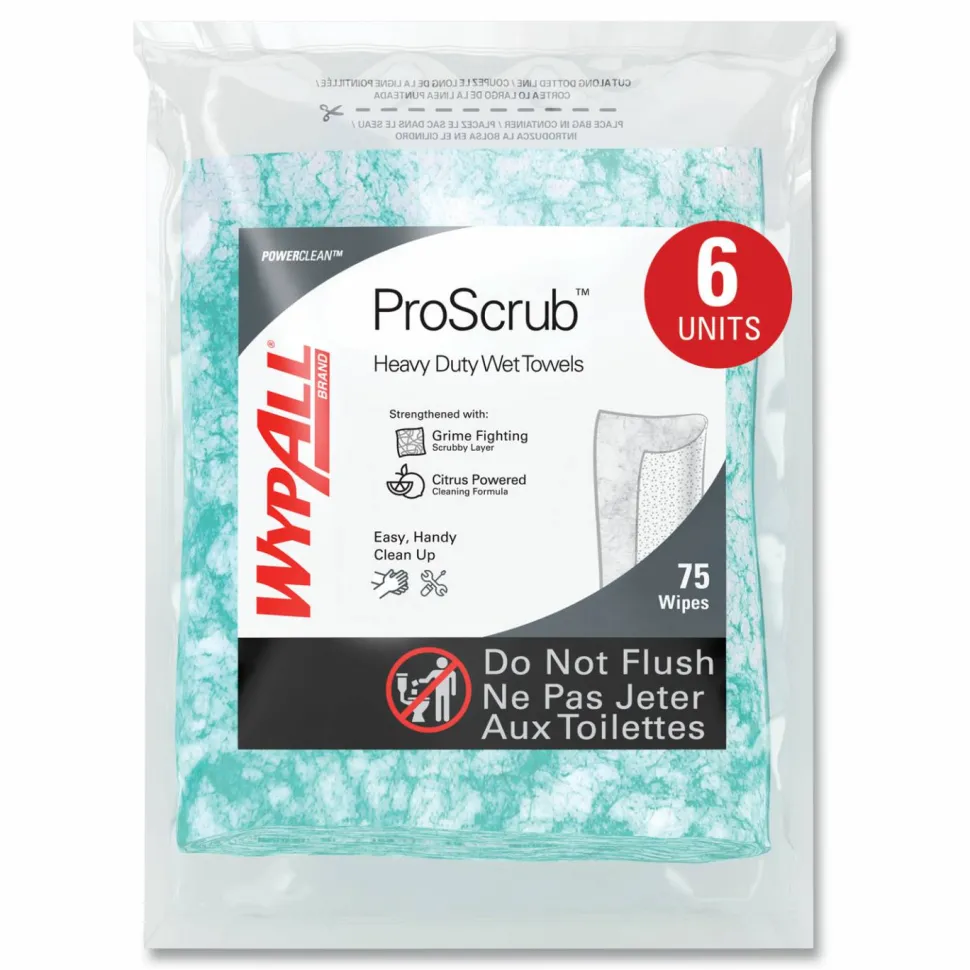 WypAll Power Clean ProScrub Pre-Saturated Wipes, 12 x 9.5, Citrus Scent, Green, 75/Pack, 6 Packs/Carton