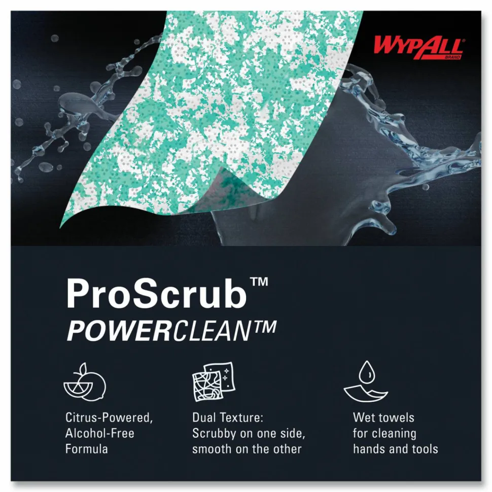 WypAll Power Clean ProScrub Pre-Saturated Wipes, 12 x 9.5, Citrus Scent, Green, 75/Pack, 6 Packs/Carton