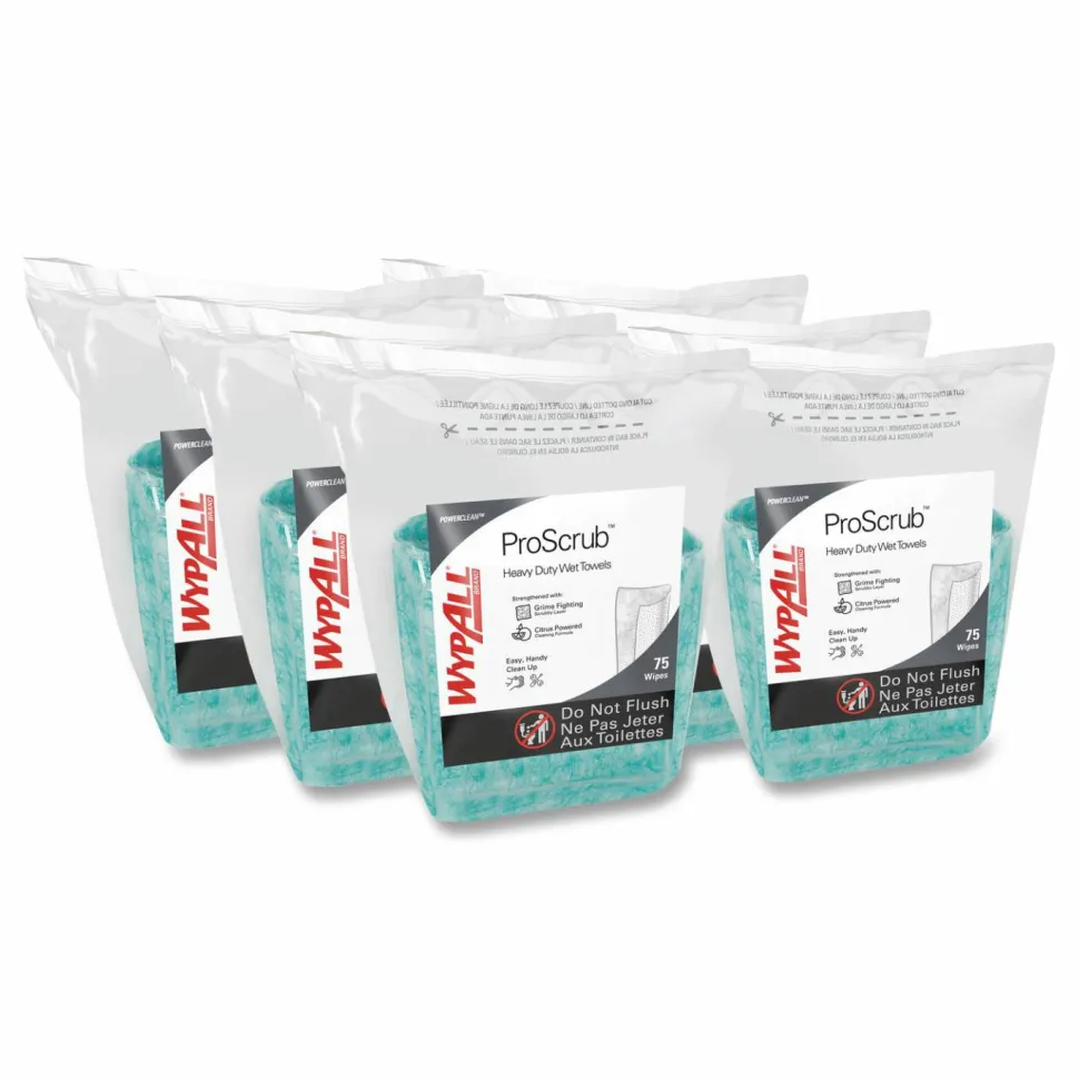 WypAll Power Clean ProScrub Pre-Saturated Wipes, 12 x 9.5, Citrus Scent, Green, 75/Pack, 6 Packs/Carton