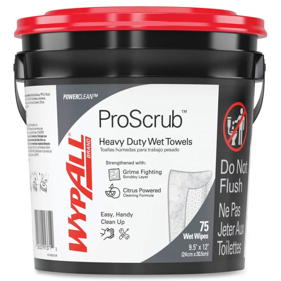 WypAll Power Clean ProScrub Pre-Saturated Wipes, 9.5 x 12, Citrus Scent, Green, 75/Bucket, 6 Buckets/Carton
