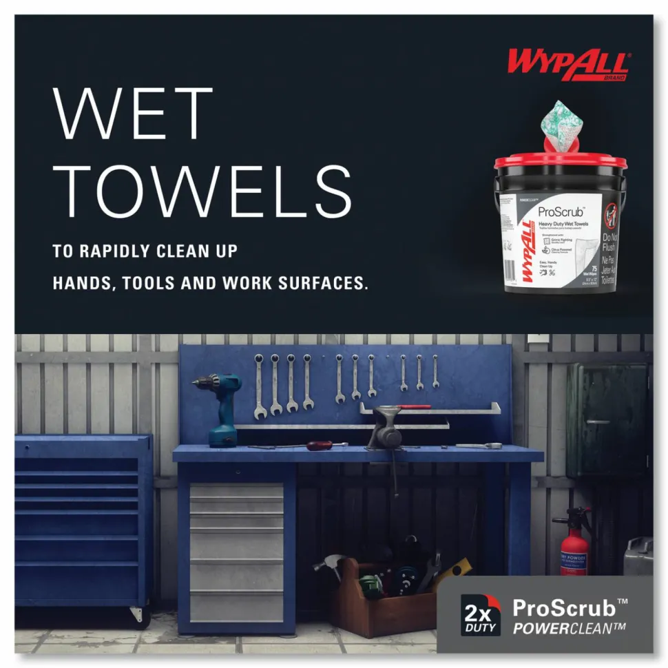 WypAll Power Clean ProScrub Pre-Saturated Wipes, 9.5 x 12, Citrus Scent, Green, 75/Bucket, 6 Buckets/Carton