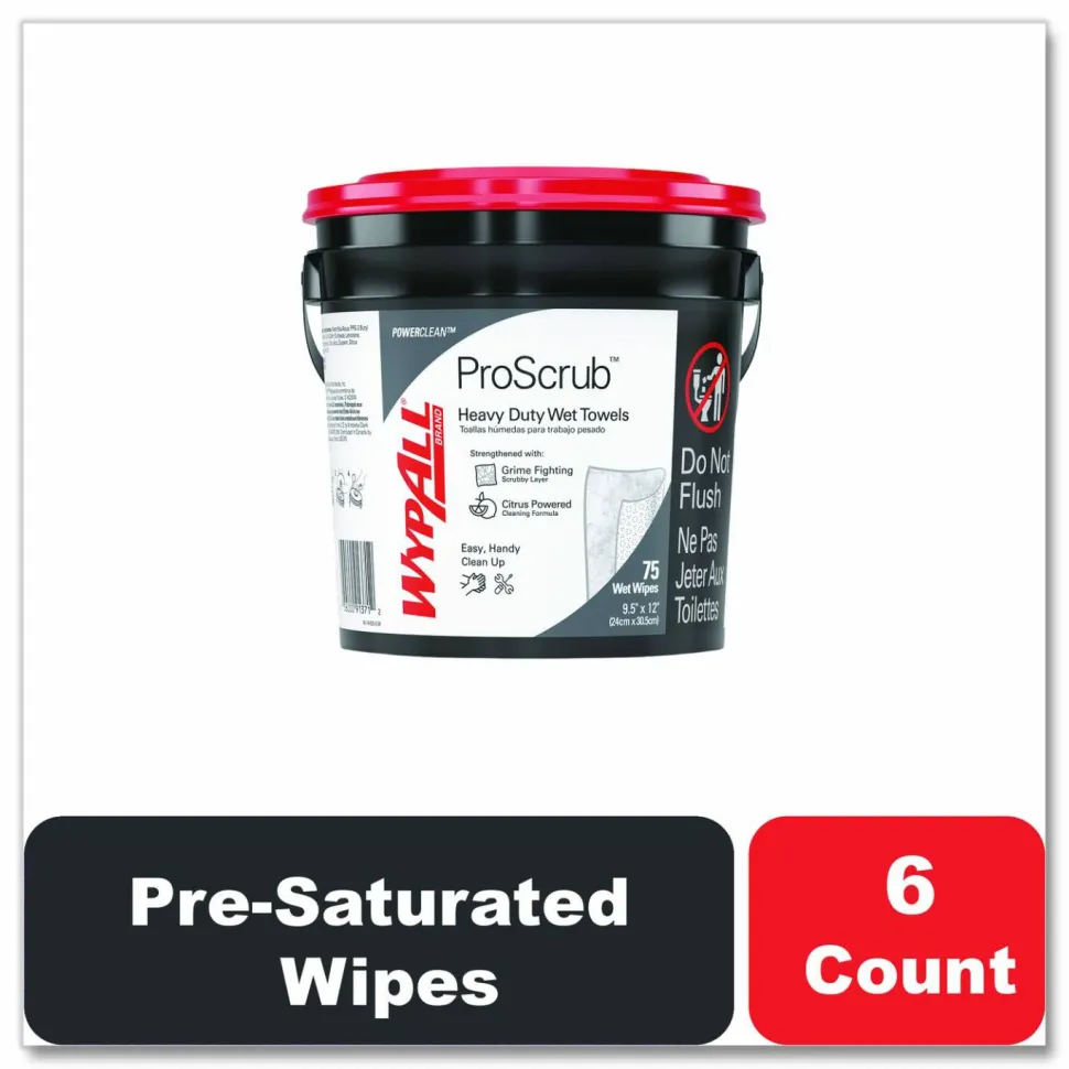 WypAll Power Clean ProScrub Pre-Saturated Wipes, 9.5 x 12, Citrus Scent, Green, 75/Bucket, 6 Buckets/Carton