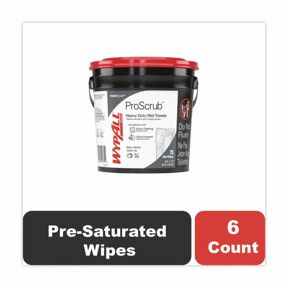 WypAll Power Clean ProScrub Pre-Saturated Wipes, 9.5 x 12, Citrus Scent, Green, 75/Bucket, 6 Buckets/Carton