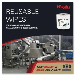 WypAll Power Clean X80 Heavy Duty Cloths, Jumbo Roll, 12.4 x 12.2, White, 455/Roll