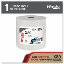 WypAll Power Clean X80 Heavy Duty Cloths, Jumbo Roll, 12.4 x 12.2, White, 455/Roll