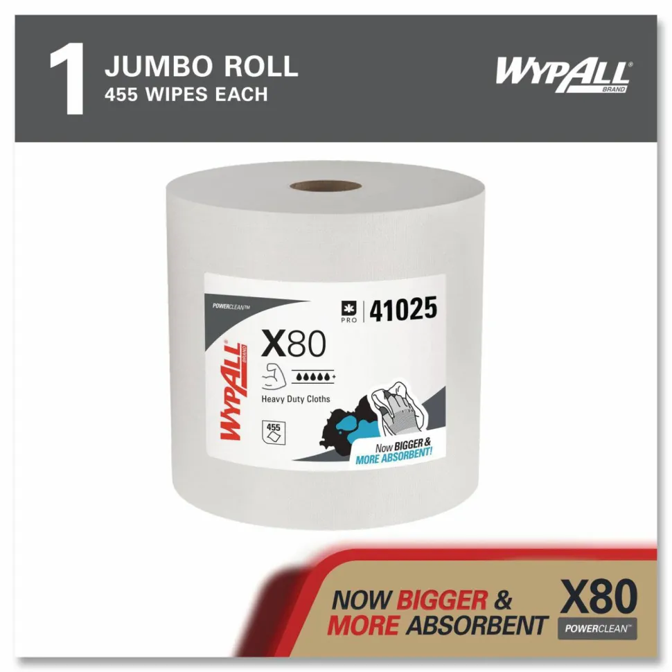 WypAll Power Clean X80 Heavy Duty Cloths, Jumbo Roll, 12.4 x 12.2, White, 455/Roll