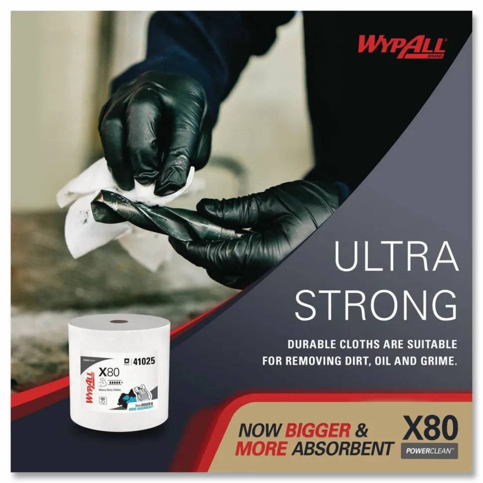 WypAll Power Clean X80 Heavy Duty Cloths, Jumbo Roll, 12.4 x 12.2, White, 455/Roll