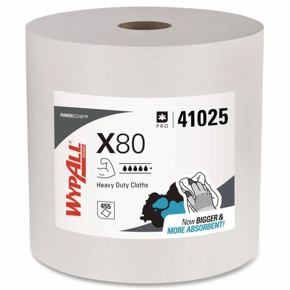WypAll Power Clean X80 Heavy Duty Cloths, Jumbo Roll, 12.4 x 12.2, White, 455/Roll