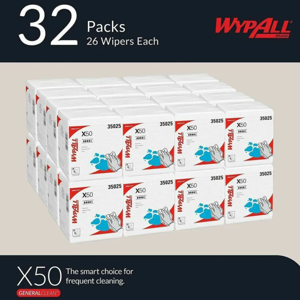 WypAll X50 Cloths, 1/4 Fold, 12.5 x 10, White, 26/Pack, 32 Packs/Carton