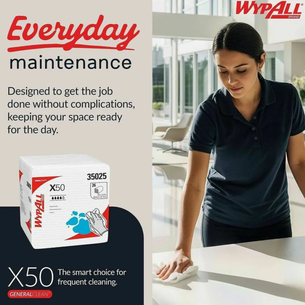 WypAll X50 Cloths, 1/4 Fold, 12.5 x 10, White, 26/Pack, 32 Packs/Carton