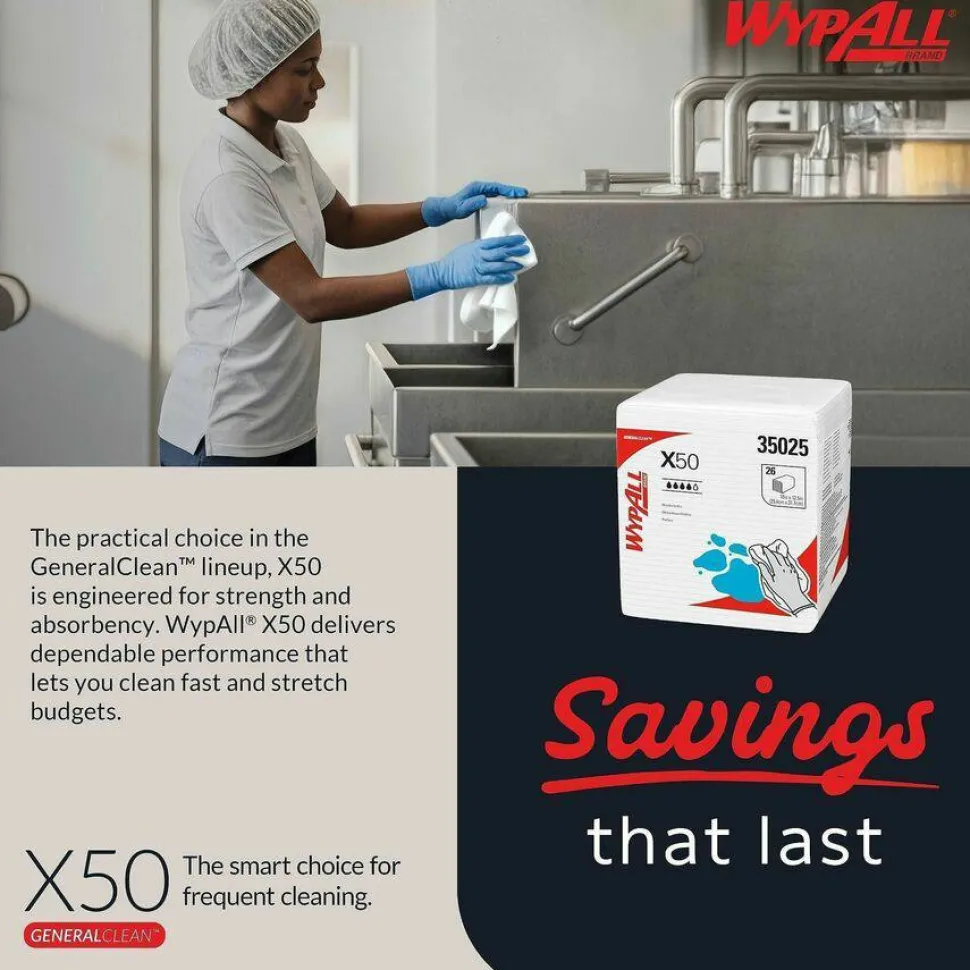 WypAll X50 Cloths, 1/4 Fold, 12.5 x 10, White, 26/Pack, 32 Packs/Carton