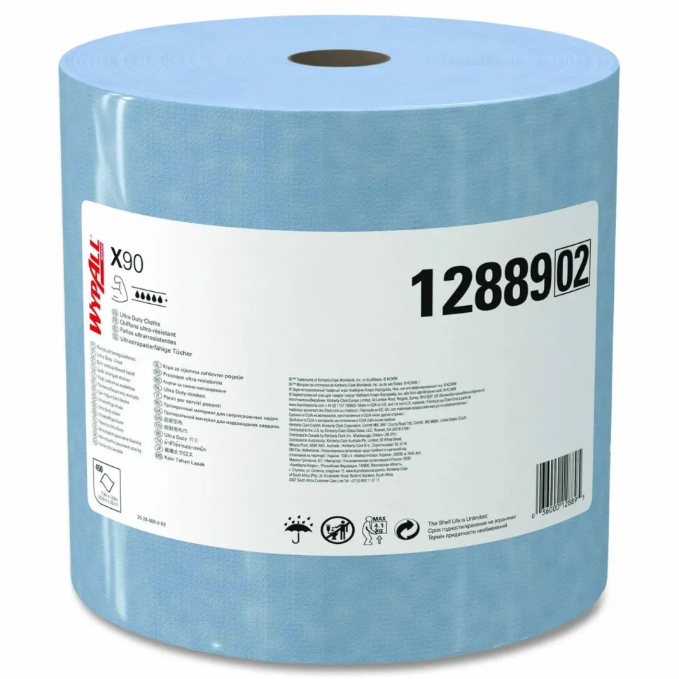 WypAll X90 Cloths, Jumbo Roll, 2-Ply, 12.4 x 12.2, Blue Denim, 450/Roll
