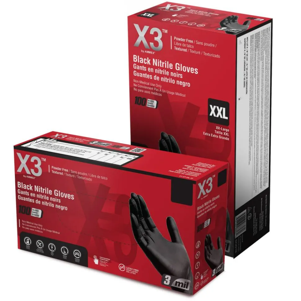 X3 Nitrile PF Gloves, Large, Black, 100 Gloves Per Box