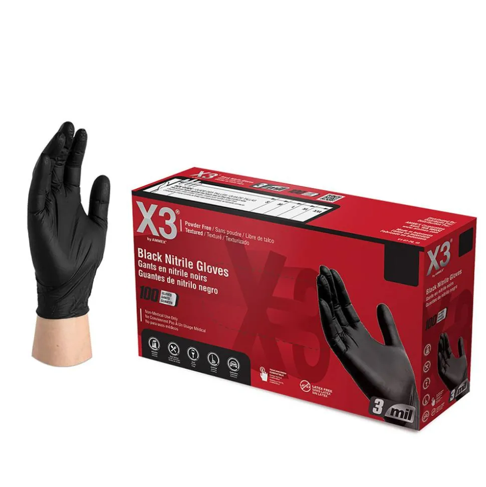 X3 Nitrile PF Gloves, Medium, Black, 100 Gloves Per Box