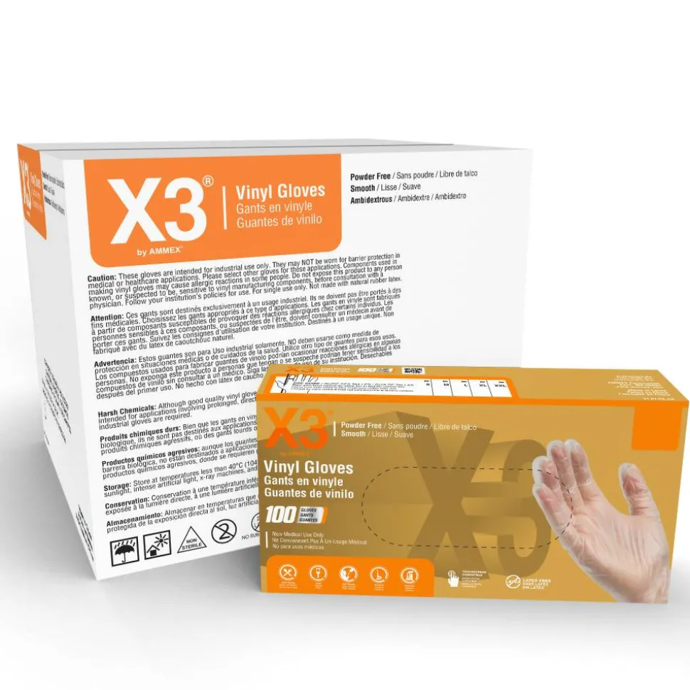 X3 Vinyl Powder-Free Industrial Gloves, XL, Clear, 100 Gloves Per Pack