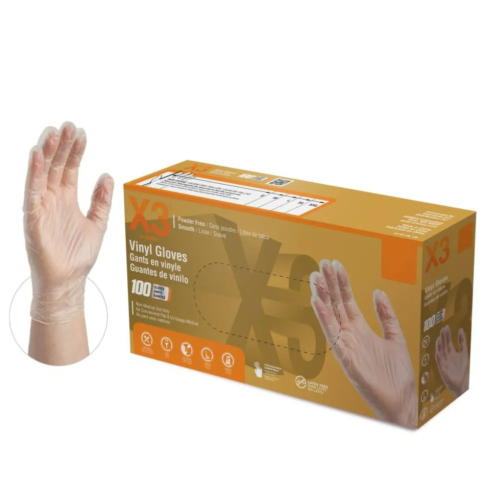 X3 Vinyl Powder-Free Industrial Gloves, XL, Clear, 100 Gloves Per Pack
