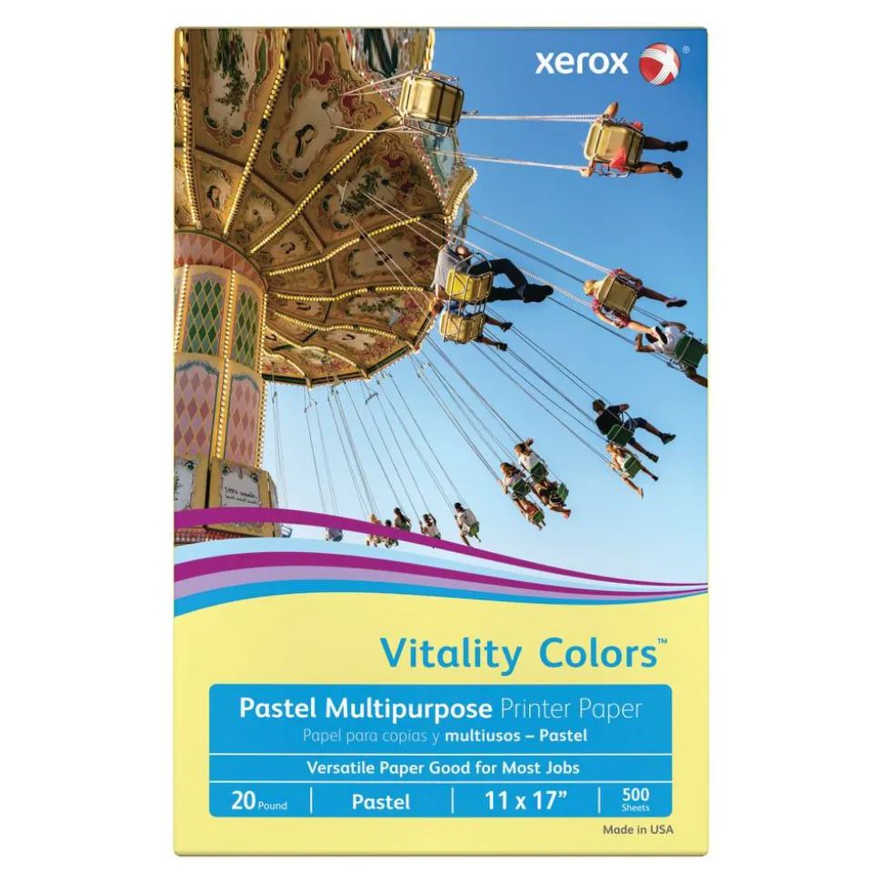 Xerox Vitality Colors Multi-Use Printer & Copy Paper, 1 Ream, Yellow, Ledger (11" x 17"), 500 Sheets Per Ream, 20 Lb, 30% Recycled