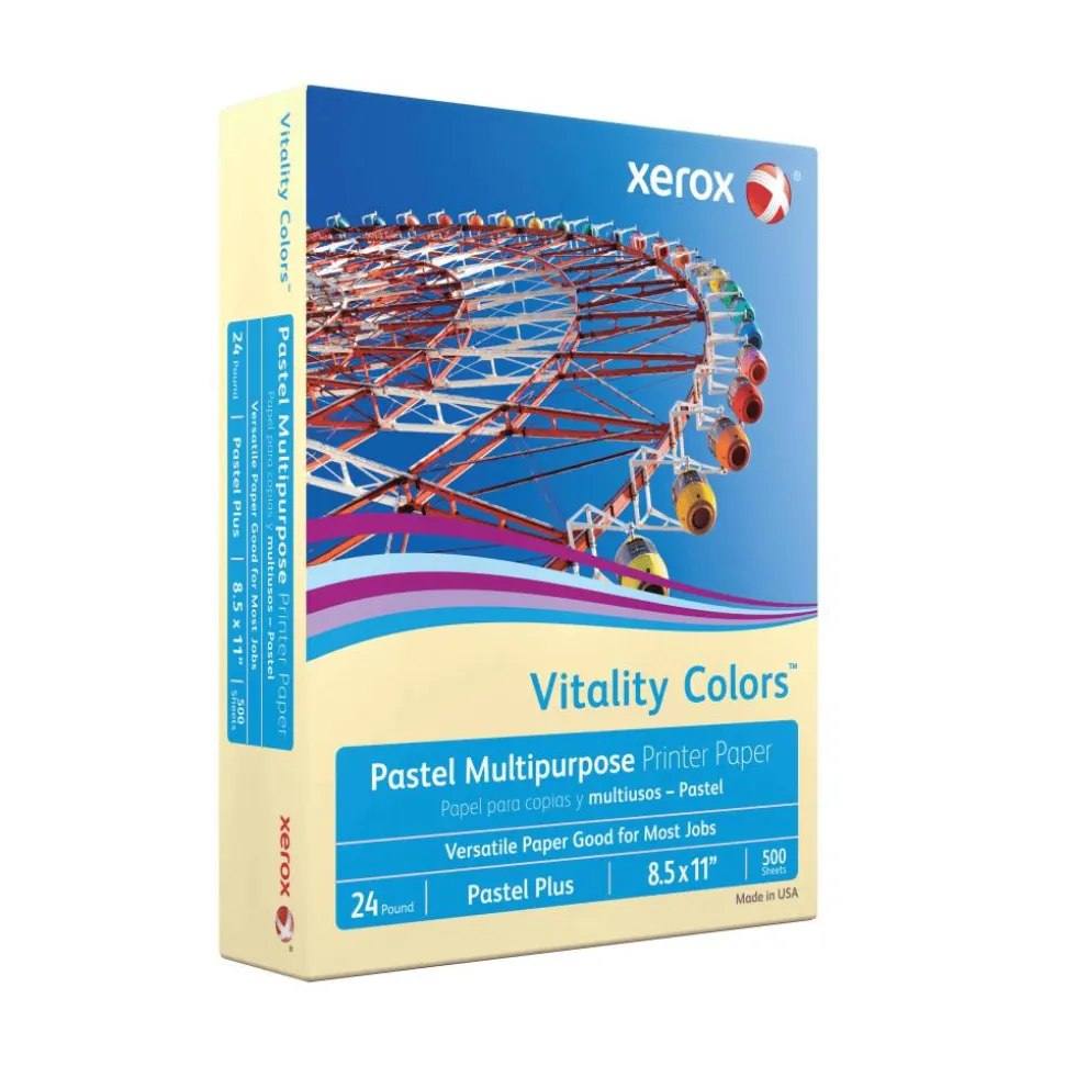 Xerox Vitality Colors Pastel Plus Color Multi-Use Printer & Copy Paper, 1 Ream, Ivory, Letter (8.5" x 11"), 500 Sheets Per Ream, 24 Lb, 30% Recycled
