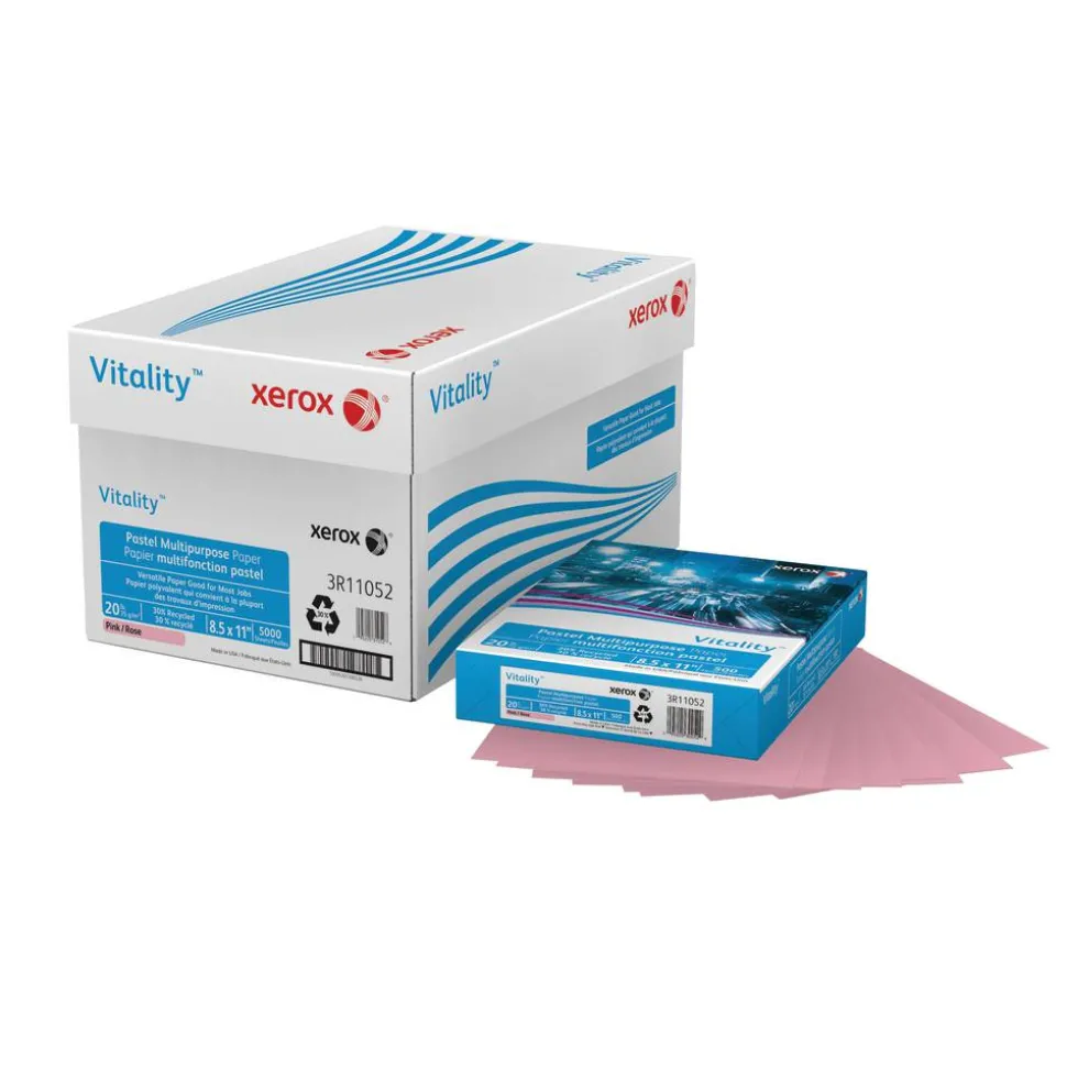 Xerox Vitality Pastel Color Multi-Use Printer & Copy Paper, 10 Reams, Pink, Letter Size, 5000 Sheets Per Case, 20 Lb, 30% Recycled - 3R11052-CT
