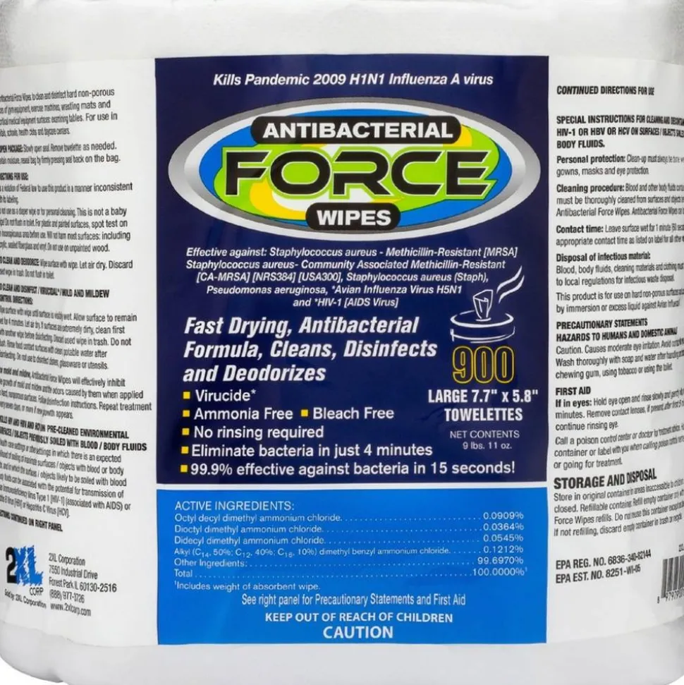 2XL FORCE Disinfecting Wipes Refill, 1-Ply, 6 x 8, Unscented, White, 900/Pack, 4 Packs/Carton