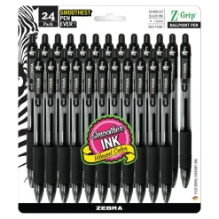 Zebra Pen Z-Grip Retractable Ballpoint Pens, Pack Of 24, Medium Point, 1.0 mm, Clear Barrel, Black Ink
