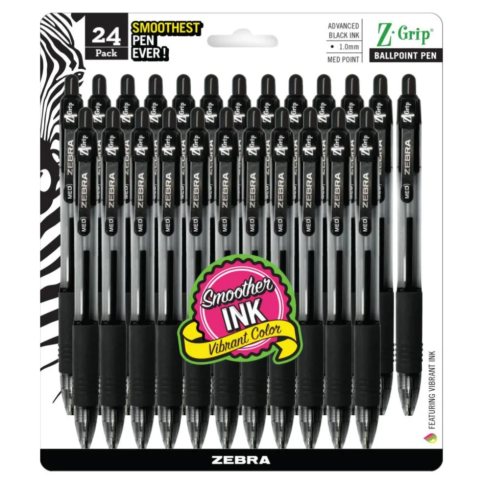 Zebra Pen Z-Grip Retractable Ballpoint Pens, Pack Of 24, Medium Point, 1.0 mm, Clear Barrel, Black Ink