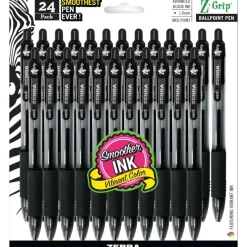 Zebra Pen Z-Grip Retractable Ballpoint Pens, Pack Of 24, Medium Point, 1.0 mm, Clear Barrel, Black Ink