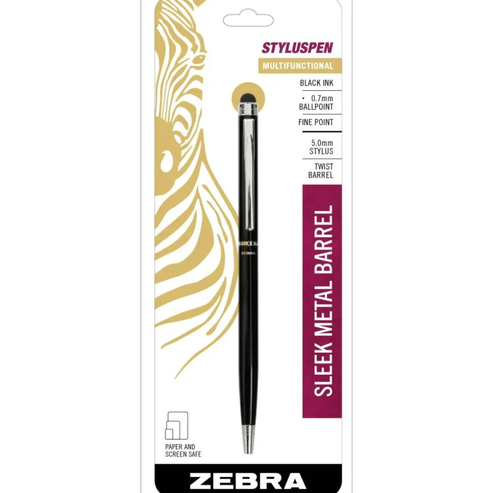 Zebra Pen Retractable Ballpoint Pen With Stylus, Fine Point, 0.7 mm, Black Barrel, Black Ink