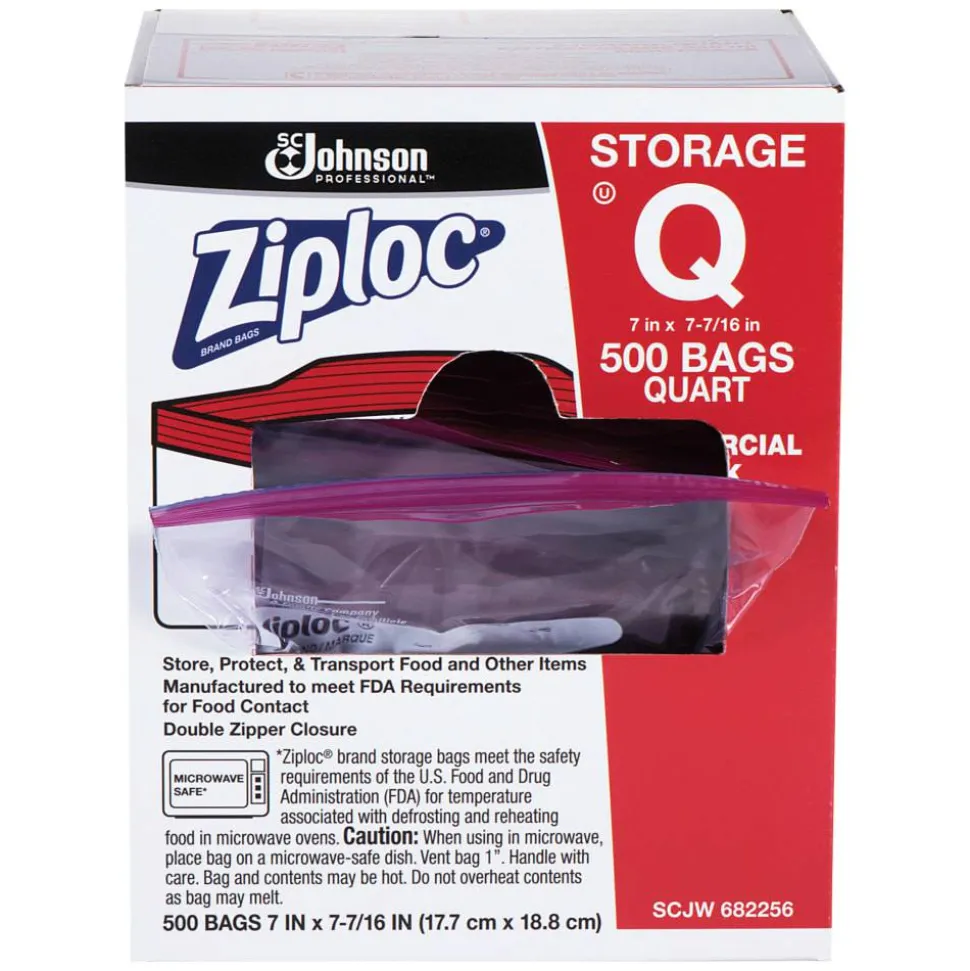 Ziploc Double Zipper Storage Bags, Quart, 7" x 7.75", Clear, 500/Box