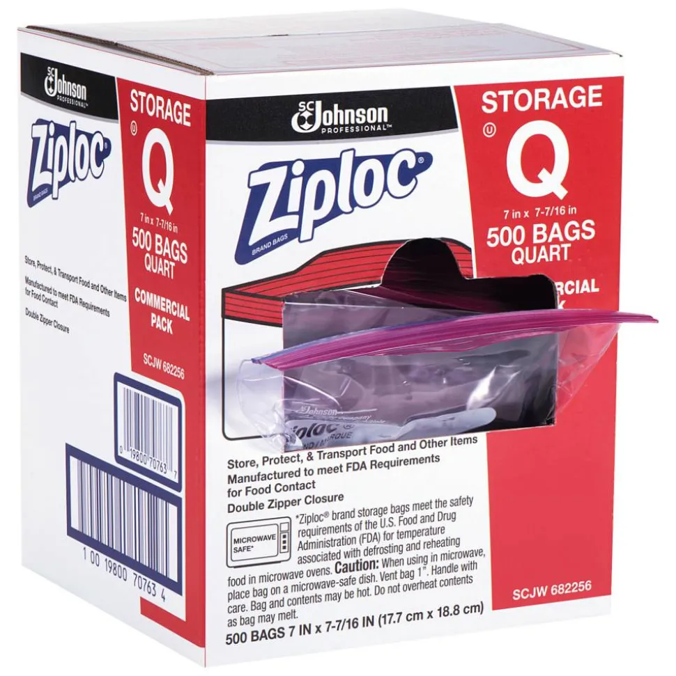 Ziploc Double Zipper Storage Bags, Quart, 7" x 7.75", Clear, 500/Box