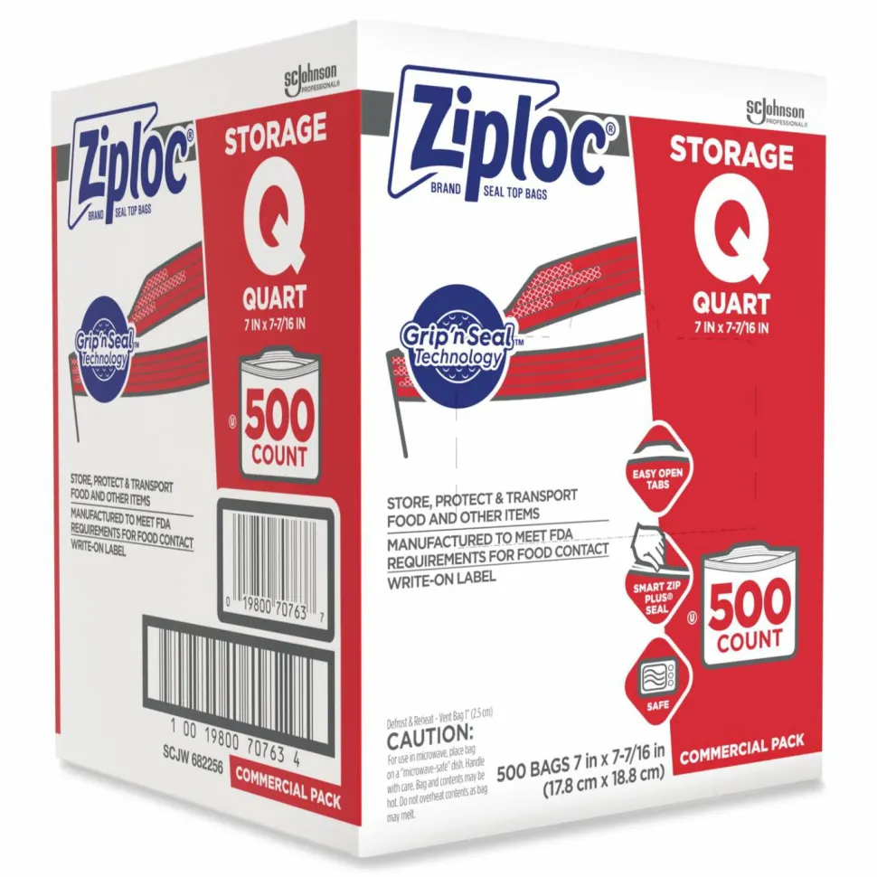 Ziploc Double Zipper Storage Bags, Quart, 7" x 7.75", Clear, 500/Box
