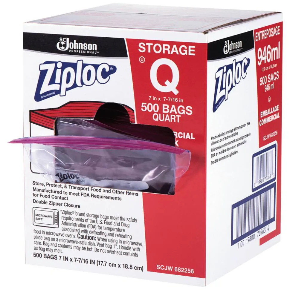 Ziploc Double Zipper Storage Bags, Quart, 7" x 7.75", Clear, 500/Box