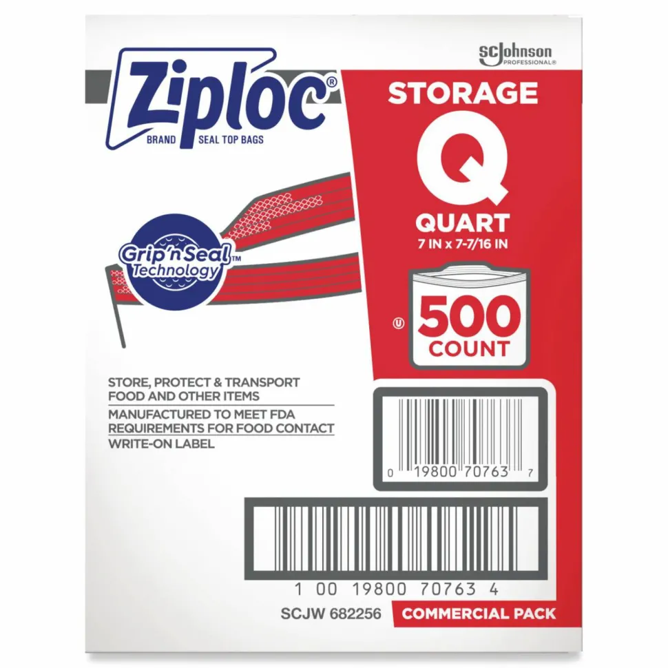 Ziploc Double Zipper Storage Bags, Quart, 7" x 7.75", Clear, 500/Box