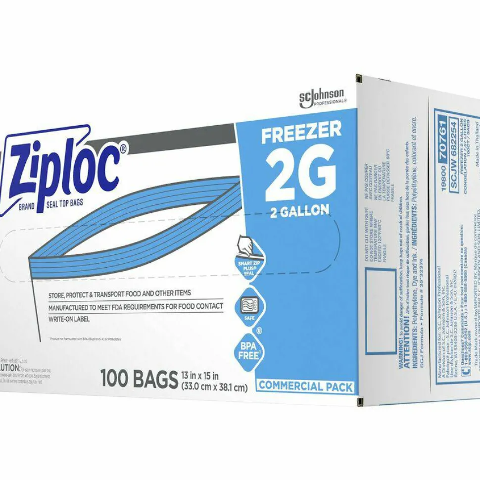 Ziploc Zipper Freezer Bags, 2 gal, 13" x 15.5", Clear, 100/Carton
