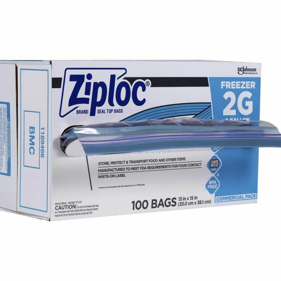 Ziploc Zipper Freezer Bags, 2 gal, 13" x 15.5", Clear, 100/Carton