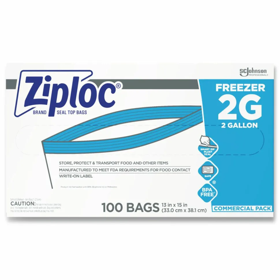 Ziploc Zipper Freezer Bags, 2 gal, 13" x 15.5", Clear, 100/Carton