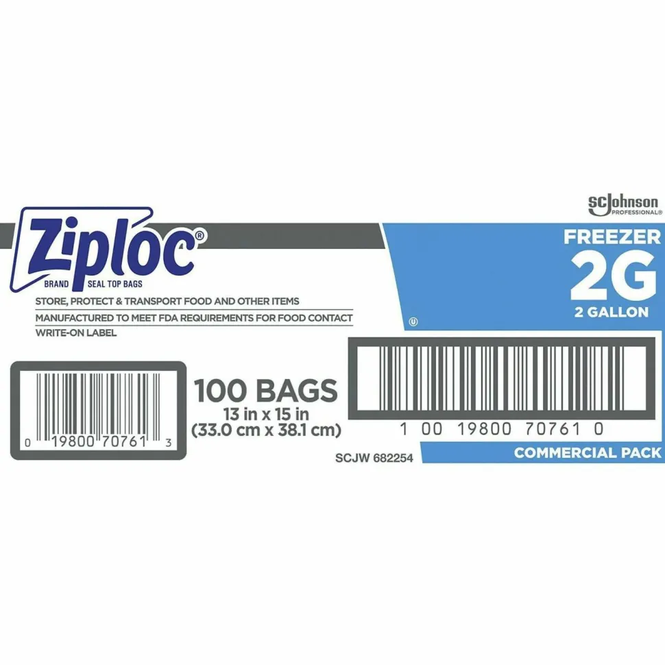 Ziploc Zipper Freezer Bags, 2 gal, 13" x 15.5", Clear, 100/Carton